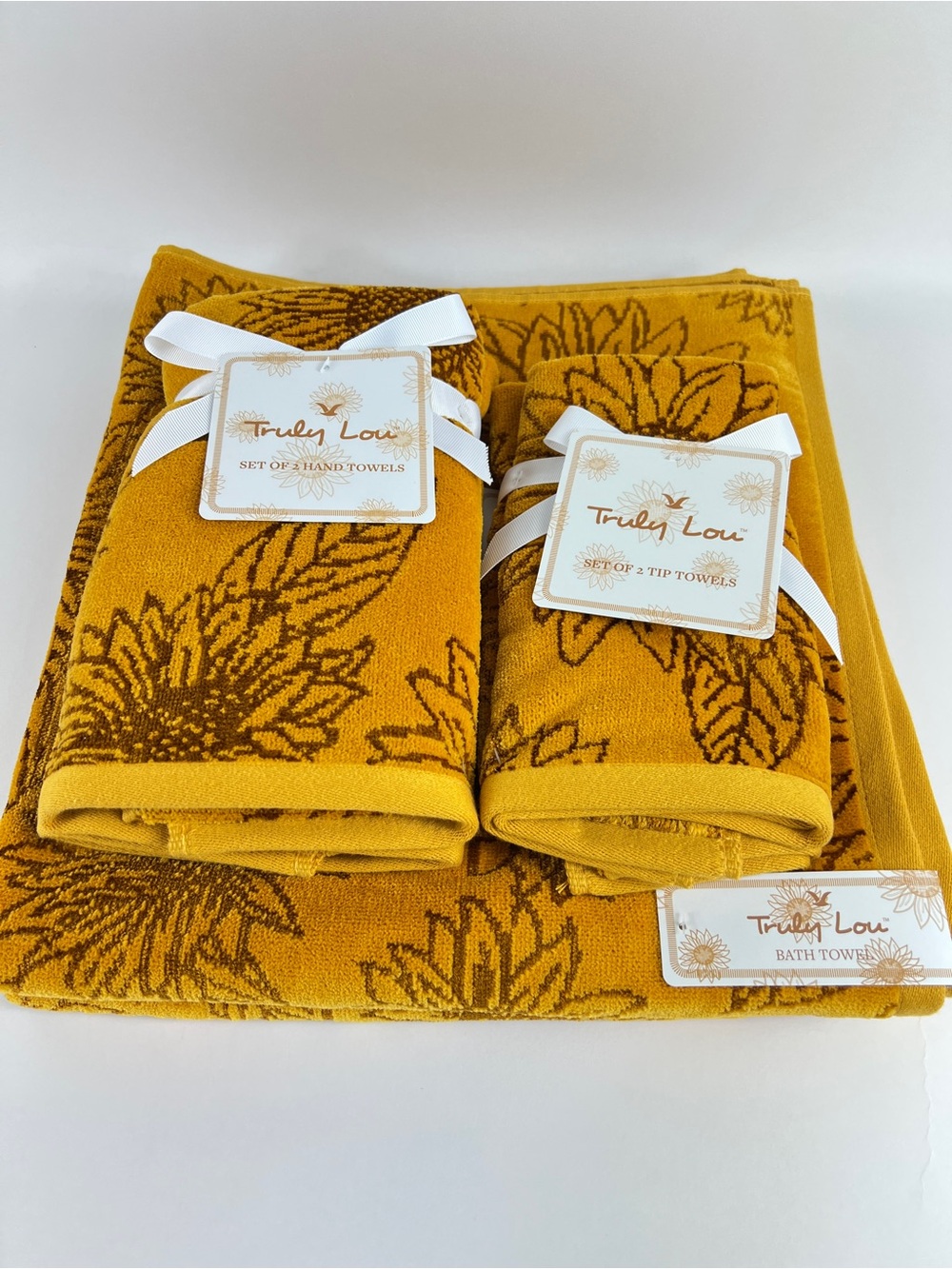 Truly Lou Bath Towel Set FALL Sunflowers Gold Brown Velour Cotton Blend 6 Pc NEW